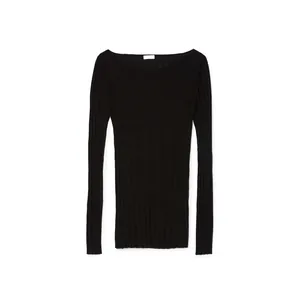 Women black ribbed knit long sleeve boat neck top with minimalist slim fit design