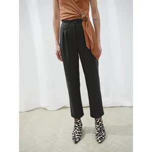 Women's High Waist Straight Leg Faux Leather Trousers PU Pleated Ankle Length Casual Commute Chic Solid Color Pants