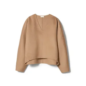 Minimalist camel V-neck double-faced wool top with loose fit and asymmetric hemline