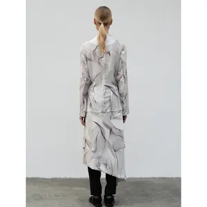 Modern abstract print long sleeve top and asymmetric skirt set in beige and grey