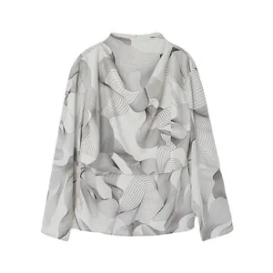 Modern white long-sleeved chiffon top with abstract grey wavy lines and layered back detail