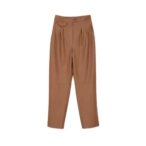 Minimalist high-waisted brown faux leather pleated pants with straight leg design