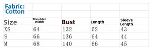 Detailed size chart for women's loose cotton white shirt with XS, S, and M dimensions