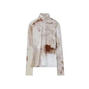 Haut à col roulé ajusté pour femme avec imprimé marbre artistique marron et manches longues