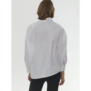 White long-sleeved shirt featuring asymmetric collar and irregular hem minimalist design