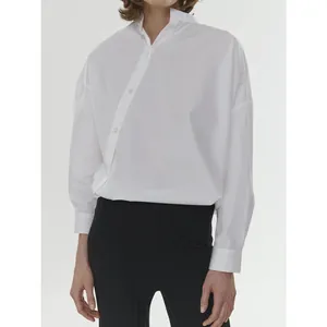 Minimalist white long-sleeve blouse with asymmetric diagonal button placket and stand collar