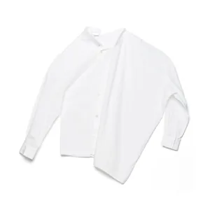 Minimalist white asymmetric long sleeve shirt with a stand collar and oblique hem design