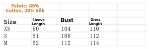 Tableau des tailles pour robe chemise à manches longues, 80% coton et 20% soie, XS-M