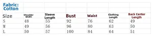 Detailed size chart for women's twisted long sleeve cotton shirt including S-L measurements