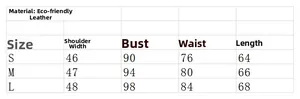Detailed size chart for women's faux leather twisted V-neck top in S, M, L sizes