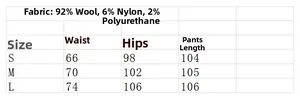 Size chart detail for high waist wool trousers with fabric composition and measurements