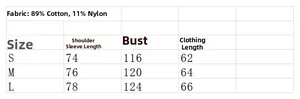 Size chart for casual hooded jacket showing cotton and nylon blend fabric measurements