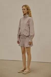 Lilac casual two-piece utility set featuring a zip jacket and wide-leg shorts