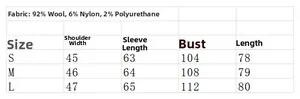 Detailed size chart for wool blazer showing fabric composition and S/M/L measurements