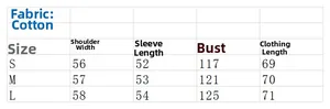 Detailed size chart for white cotton blouse showing shoulder, sleeve, and bust dimensions