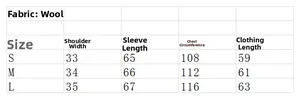 Detailed size chart for women's wool knit sweater showing shoulder, bust, and length