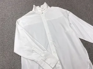 Detail of high stand collar and pleated ruffles on white long sleeve cotton shirt