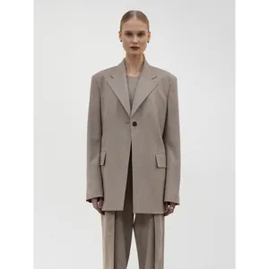 Women Wool Blazer Jacket Minimalist Oversized Single Button Khaki Suit Collar Long Sleeve Mid-Length Outerwear Top