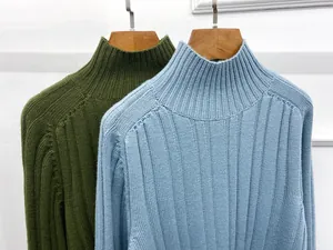 Detailed close-up of chunky ribbed texture on high neck autumn winter knit sweaters