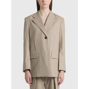 Minimalist beige oversized single-button blazer and matching pants suit for women