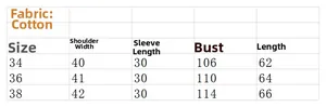 Size chart for women's striped cotton t-shirt with measurements in 34 to 38 sizes