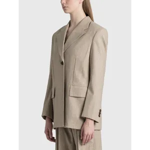Minimalist beige oversized blazer for women with notch lapel and single button closure