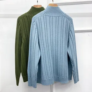 Close-up of semi-high collar knit sweaters with ribbed texture in green and blue colors