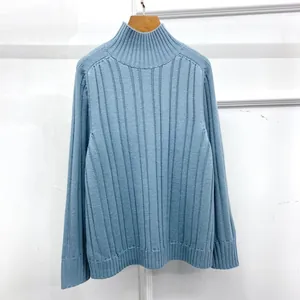 Detail of light blue ribbed knit sweater showing high neck and textured vertical weave