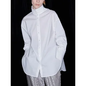 Women New Chinese Style White Cotton Shirt Stand Collar Pleated Loose Long Sleeve Blouse Single Breasted Oversized Top