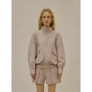 Women Korean Style Minimalist Casual Hooded Jacket Coat With Large Pockets Loose Fit Zipper Cotton Blend Long Sleeve Outerwear