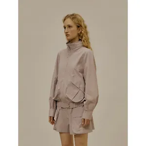 Greyish purple two-piece casual utility set featuring hooded jacket with large pockets