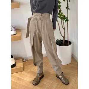 Modern Minimalist Wool High Waisted Pleated Trousers With Belt Elegant Casual Commuter Pants For Women Khaki