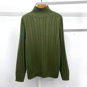 Detail of dark green ribbed knit texture on a thick turtleneck sweater for winter
