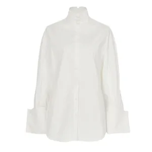 Minimalist white stand-collar long-sleeve blouse with oversized cuffs for women