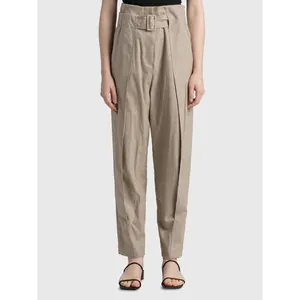 Women's high waist pleated trousers in oatmeal beige with matching belt and buckle