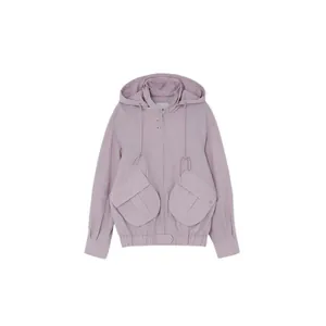 Women's light purple hooded jacket with front zipper and large utility flap pockets