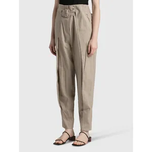 Elegant high-waisted pleated trousers in taupe with matching square buckle belt