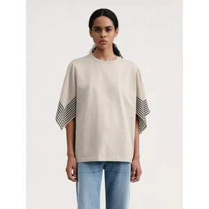 Women's Oversized Cotton T-Shirt Striped Sleeve Round Neck Loose Fit Casual Commuter Summer Top Cream Minimalist Fashion Tee