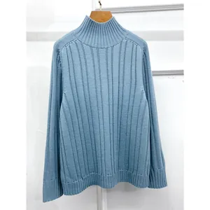 Women's casual light blue ribbed turtleneck sweater with soft knit long sleeves