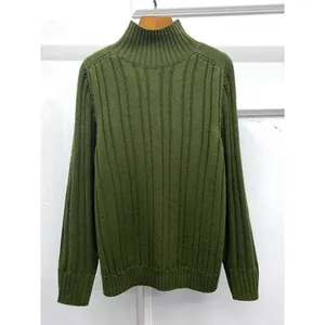 Grass green high neck ribbed knit sweater with long sleeves for women's autumn winter wear