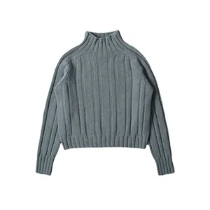 Women's minimalist grey high-neck ribbed knit sweater with thick textured fabric