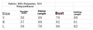 Size chart for long sleeve top showing fabric composition and detailed measurements