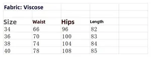 Detailed size chart and fabric guide for floral midi skirt made of viscose fiber