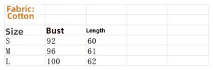 Detailed size chart for the white cotton sleeveless tank top with bust and length measurements