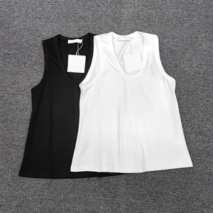 Flat lay of sleeveless V-neck tanks in black and white with minimalist tags
