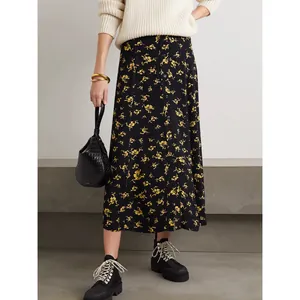 Women Casual High Waist Midi A-Line Skirt With Single Breasted Buttons Black Yellow Floral Print Viscose Flowy Skirt