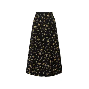 Vintage high waist A-line midi skirt with black fabric and yellow floral print and buttons