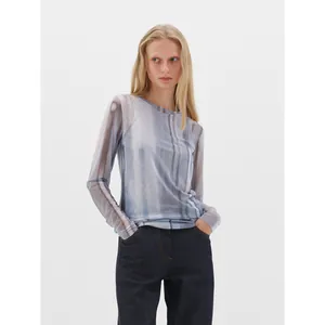 Women's Abstract Print Mesh Long Sleeve Top Round Neck Sheer Fake Two-Piece Design Korean Casual Slim Blouse