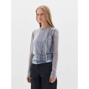 Slim fit mesh long sleeve top featuring grey-blue abstract ink print and round neck design