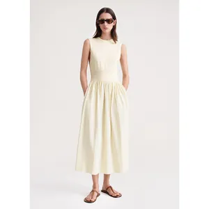 Robe Maxi Minimaliste en Coton Sans Manches Col Rond pour Femmes Taille Haute Plis Ligne A Pull-over Casual Été
